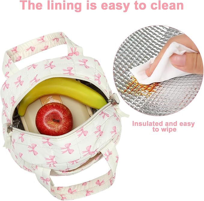 LEDAOU Lunch Box for Women Lunch bag Quilted Puffer Lunch Box with Adjustable Strap Insulated Reusable LunchBox for Work School Picnic Travel (Pink Bow - Beige)