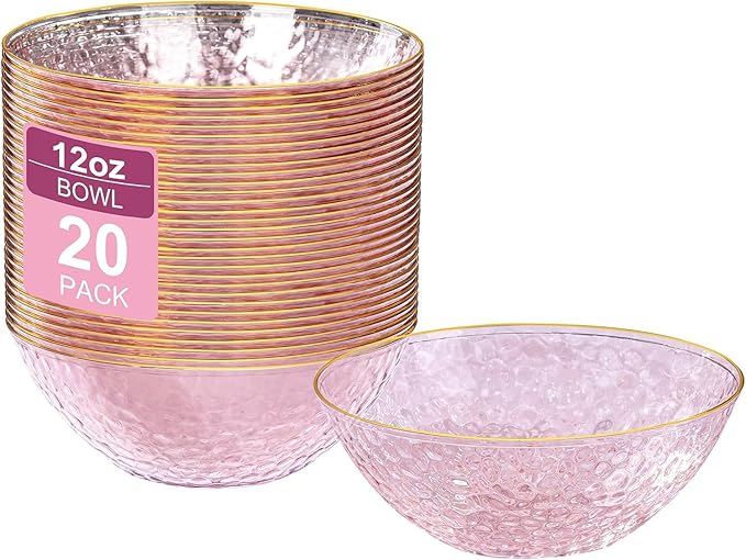 I00000 20 Pack 12 Ounce Pink Plastic Bowls Hammered Gold Rimmed Crystal Like, Heavy duty Disposable Bowl Set,Elegant Soup/Salad/Dessert/Ice Cream Small Bowls for Party Weddings