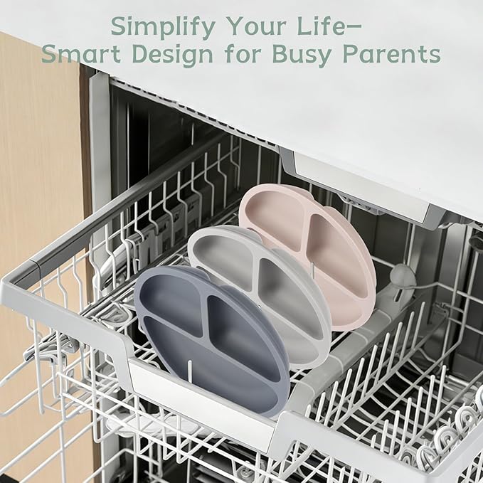 Toddler Plates, 3 Pack Divided Baby Plates with Suction, Food Grade Silicone Baby Led Weaning Supplies, BPA Free, Non-Slip, Microwave and Dishwasher Safe