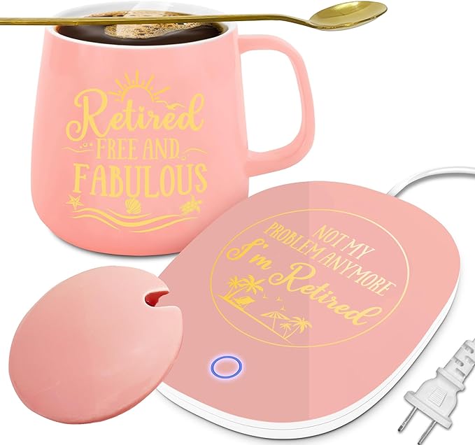 Retirement Gift for Woman, Retirement Gifts Coffee Mug Warmer & Retired Mug, Auto Shut Off Smart Warmer Coaster, Smart Electric Beverage Warmer for Coffee, Tea
