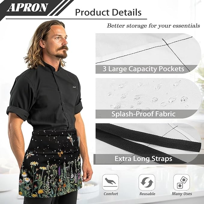 Server Waitress Waist Apron with 3 Pockets, Short Aprons for Servers,Waiter Apron For Waiter Accessories