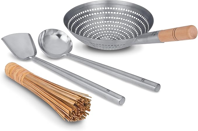 Craft Wok s/s Tools 4 pcs Set: Ladle, Spatula, Strainer, Bamboo Brush/Utensils Traditional Asian Cookware / 732W324