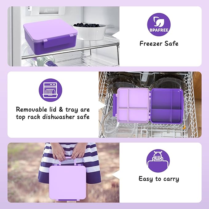 Bento Lunch Box Kids with 8oz Soup Thermo, Leak-Proof Lunch Containers with 4 Compartment, Thermo Hot Food Jar and Insulated Lunch Box for School Purple