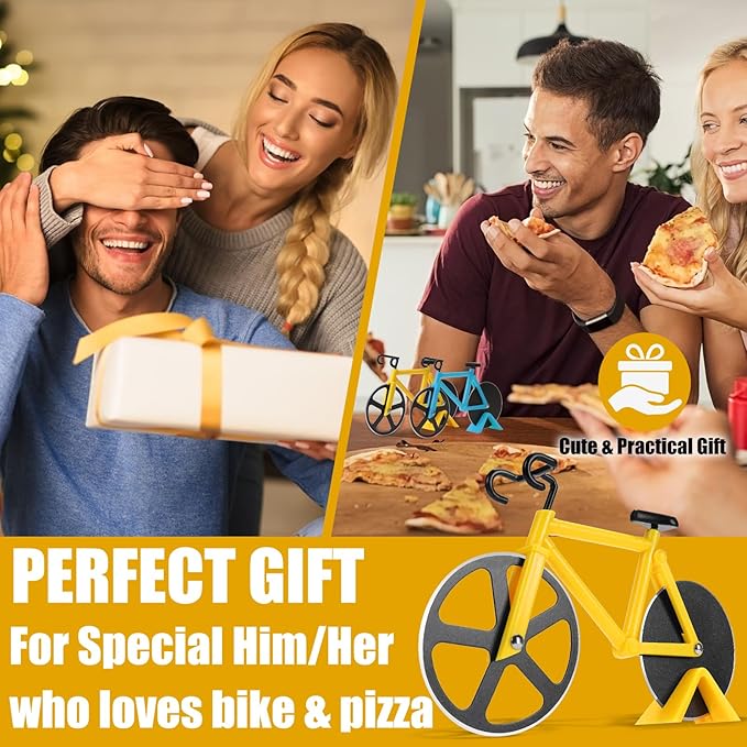 Bicycle Pizza Cutter Wheel - Gifts for Cyclists, Men, Dad, Bike Lovers - Funny Kitchen Gadgets - Cool Father’s Day, Christmas, Birthday, White Elephant Gifts - Stainless Steel Pizza Slicer(Yellow)