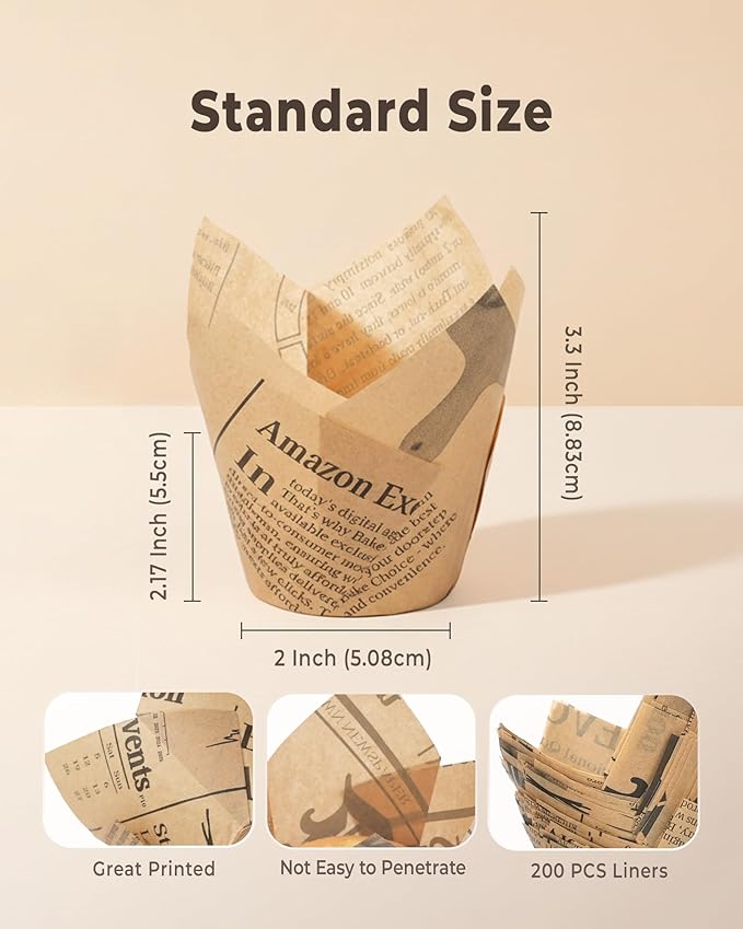 200pcs Tulip Cupcake Liners for Baking Cups Newspaper Print Parchment Paper Tulip Muffin Liners, Grease Resistant Cupcake Wrappers for Party, Christmas