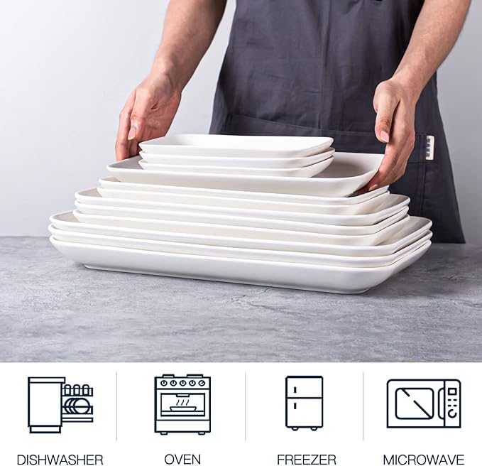 DELLING 12 Inch Serving Platter Set of 3, White Rectangular Serving Plates, Porcelain Serving Trays for Party Entertaining, Large Platters for Meat Sushi Appetizer, Oven Microwave Dishwasher Safe