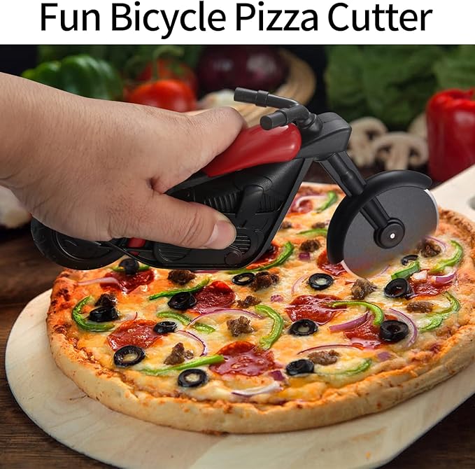 Motorcycle pizza cutter, stainless steel pizza cutter two wheels, novelty motorcycle-shaped pizza wheel cutting slicer with non-stick coating, suitable for kitchen gadgets accessories (motorcycle)
