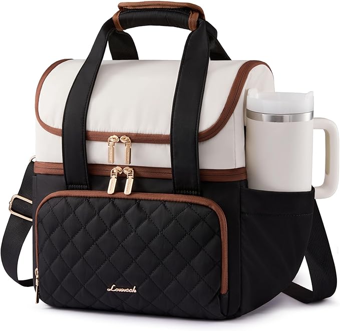 LOVEVOOK Insulated Lunch Bag For Women,Large Double Deck Adult Lunch Box,Teacher Lunch Tote Bag With Cup Holder,Leakproof Cooler Bag With Adjustable Shoulder Strap For Work Picnic Beach,Larger 15L