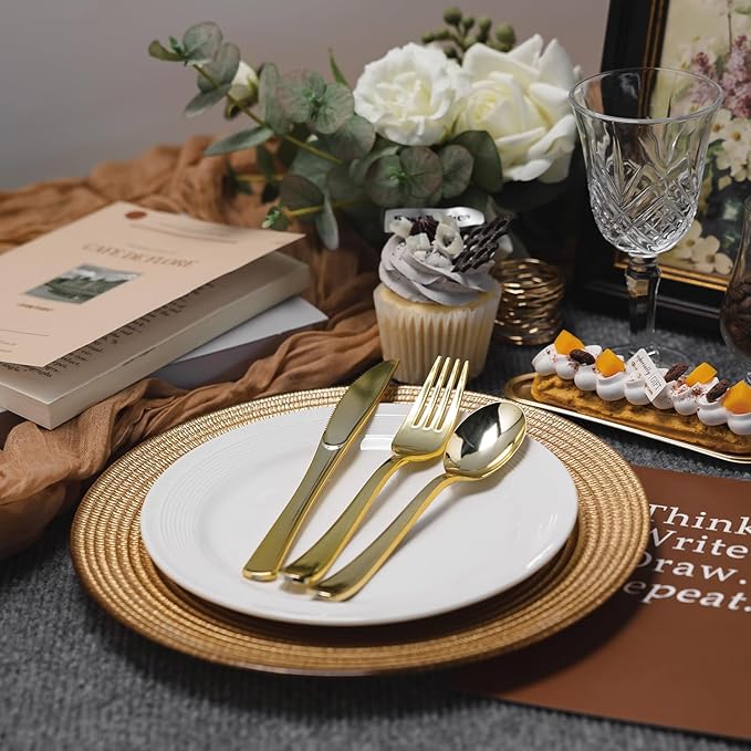 N9R 200PCS Gold Plastic Silverware, Heavy Duty Disposable Cutlery Set for Parties, gold forks and spoons disposable Includes 100 Spoons and 100 Forks for Wedding, Birthday, Dinner