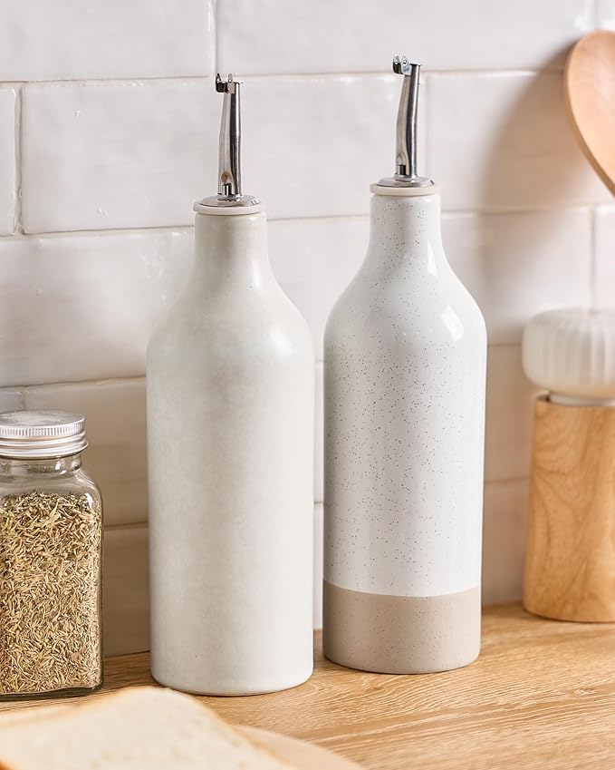 famiware Milkyway 16oz Ceramic Olive Oil Dispenser Bottle, Olive Oil and Vinegar Dispenser Bottle Set of 2 with Stainless Steel Pourers, for Storage Vinegar, Soy Sauce, Matte Beige White & White