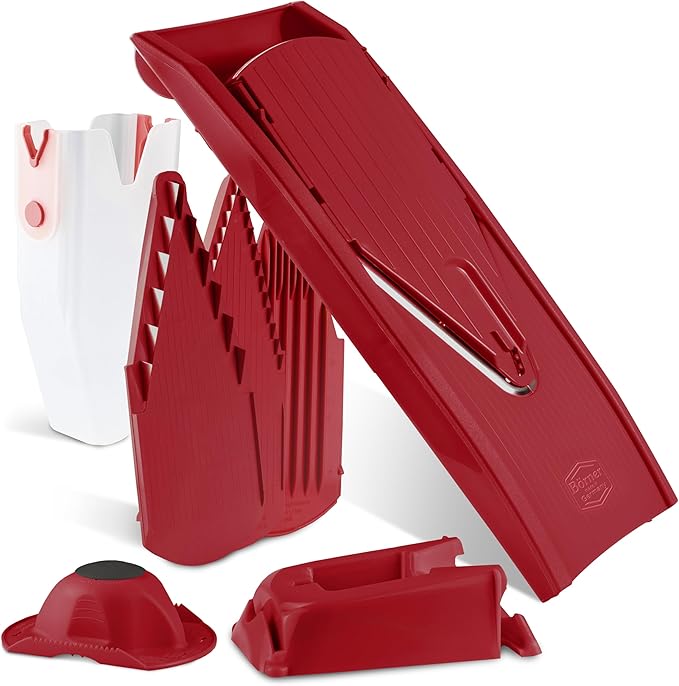 Mandoline Food Slicer Börner V1 (Profi Set) by Reston Lloyd • V-Slicer with 4 Inserts, Docking Station & Food Holder • Made in Germany • Fruit & Vegetable Chopper • Multiple Settings • Color: Red