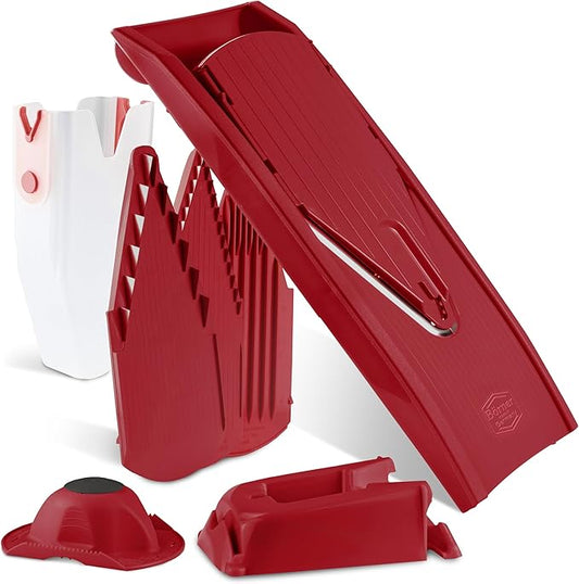Mandoline Food Slicer Börner V1 (Profi Set) by Reston Lloyd • V-Slicer with 4 Inserts, Docking Station & Food Holder • Made in Germany • Fruit & Vegetable Chopper • Multiple Settings • Color: Red