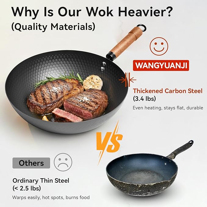 WANGYUANJI 12.6-Inch Carbon Steel Wok with Lid, Flat Bottom Nonstick Chinese Wok Pan with Detachable Wooden Handle for Induction, Gas & Electric, 5 QT Stir Fry Pan