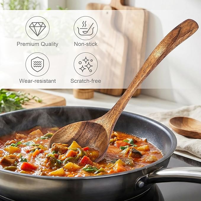 Wooden Soup Ladle, Non-Toxic Non-Scratch Natural Acacia Wood Serving Spoon for Soup, Gravy, Sauces & Porridge, Ideal for Home Dining, Buffets & Daily Meals, 7.48 Inch