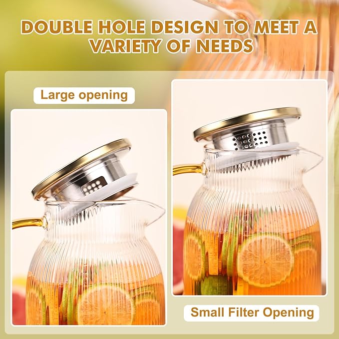 Ribbed Glass Pitcher With Lid and Spout, Glass Water Jugs With Handle, Water Carafe for Hot and Cold Beverage, Brew, Iced Tea, lemonade, Juice, Coffee, Milk, 1.4 Liter 47 Ounce, Borosilicate