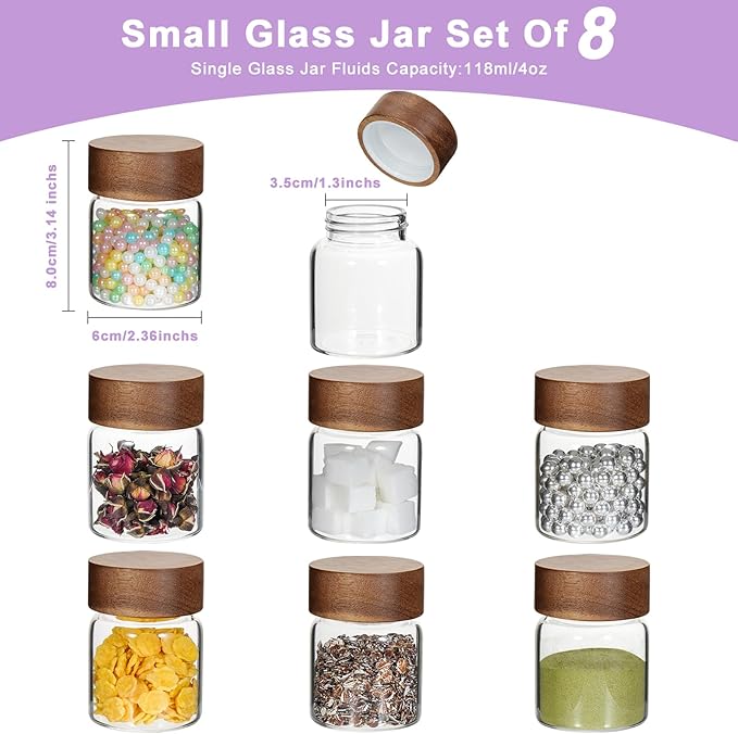 Glass Spice Jars Seasoning Containers Small Glass Jars with Lids Airtight Food Storage Canister for Kitchen Pantry Sugar Tea Coffee Bean Nuts Cookies Herbs Salt (4oz(118ml)*8 pack)