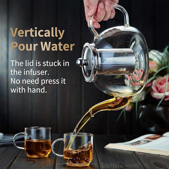 41OZ (1200ML) Glass Teapot with Infuser Stovetop Safe, Clear Glass Tea Pot Kettle, Borosilicate Tea Pot with Infusers Filter for Loose Tea, Tea Kettle Dishwasher Safe
