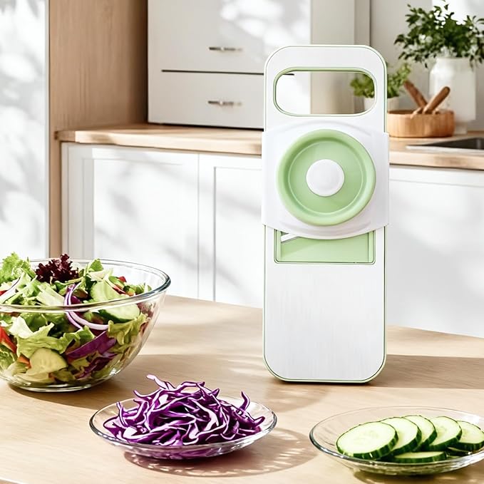 Stainless Steel Mandoline Slicer for Kitchen, 6-in-1 Vegetable Slicer with 360° Full-Cover Safety Guard, Adjustable Food Cutter for Potato, Carrot & Salad Prep, Space-Saving Design (Mint Green)