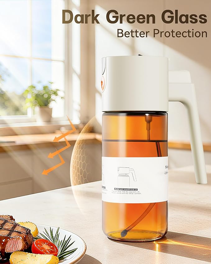Upgrade 2 in 1 Oil Sprayer for Cooking, 17oz Light-Blocking Glass Olive Oil Dispenser Bottle for Kitchen,Food-Grade Oil Mister with 8 Stickers for Salad, Frying (Brown Bottle-White Cap)