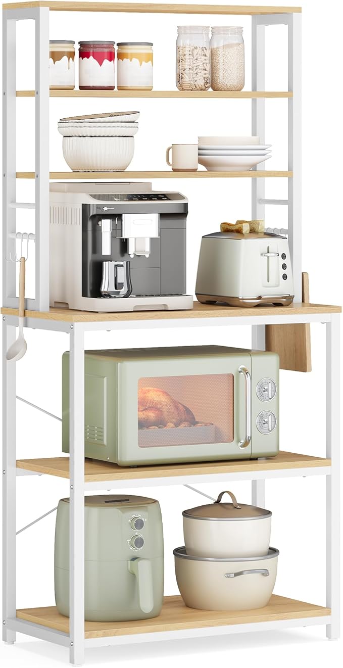 VASAGLE Coffee Bar, 23.6 Inches Baker's Rack for Kitchen with Storage, 6-Tier Kitchen Shelves with 6 Hooks, Microwave Stand, Modern, Golden Oak and Cloud White UKKS024W09