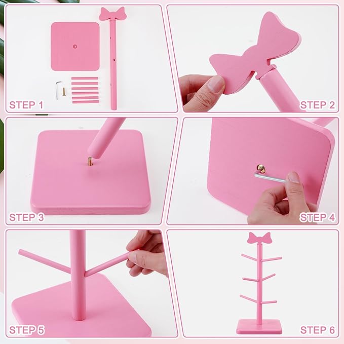 Pink Coffee Cup Holder Bow Mug Tree Pink Kitchen Coffee Bar Accessories Decorative Wooden Cup Holder with 6 Hooks Coquette Mug Rack Stand Cute Decor for Wedding Home Countertop Organizer