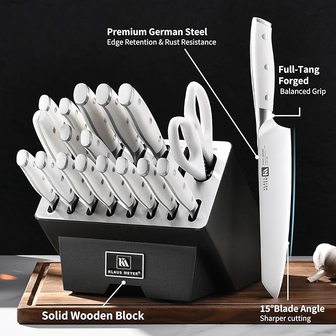 Klaus Meyer 19-Piece Knife Block Set, High Carbon German Stainless Steel (Stahl), Full-Tang Handles with Sharpener (White)