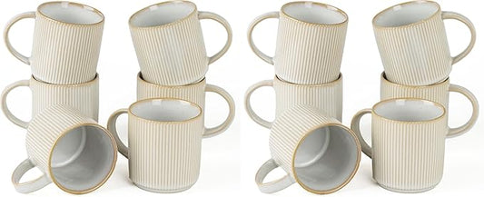 famiware Coffee Mug Set for 6, Star 12 oz Catering Mugs Cup Set with Handle for Coffee, Tea, Cocoa, Milk - Ceramic Stoneware Drinkware Set, Cappuccino White (Pack of 2)
