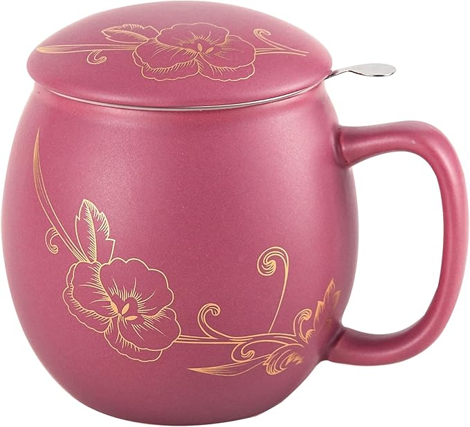 Yundu 12 OZ Ceramic Mug with Lid & Tea Strainer - Matte Purple Tea Cup with Golden Flower, Stainless Steel Infuser for Loose Leaf Tea