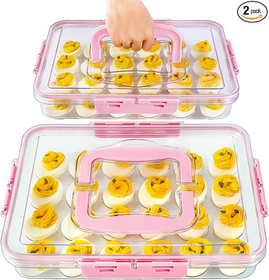2 Pack Deviled Egg Containers with Lid and Handle, Durable Clear Plastic Deviled Egg Carrier Storage 48 Eggs, Stackable Egg Holder for Fridge, Portable Tray Platter for Party & Picnics-Pink