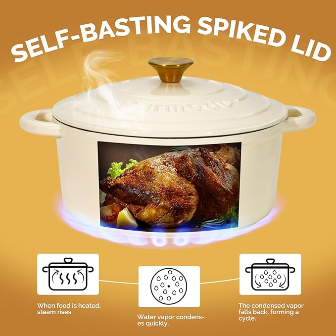 Parmedu 5.5QT Enameled Cast Iron Dutch Oven with Lid, Cream White Heavy Duty Pot for Sourdough, Bread Baking, Soup, Stews & Roasting with Recipe, Heat-Resistant Grips, Potholder, Cleaning Sponge