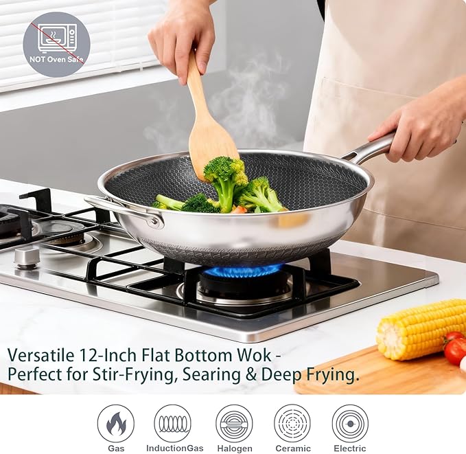 12 Inch Stainless Steel Honeycomb Wok with Standing Lid, Flat Bottom Stir Fry Pan, PFOA-Free Physical Nonstick, Induction Compatible & Dishwasher Safe Wok