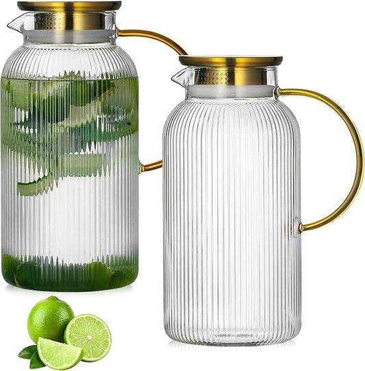 2 PACK Glass Pitcher with Lid, 50 oz/ 1.5 Liter Classic Vertical Stripes Water Pitcher with Yellow Handle,Glass Water Carafe for Cold Brew, Coffee, Lemonade, Iced Sun Tea,Beverage,Heat Resistant