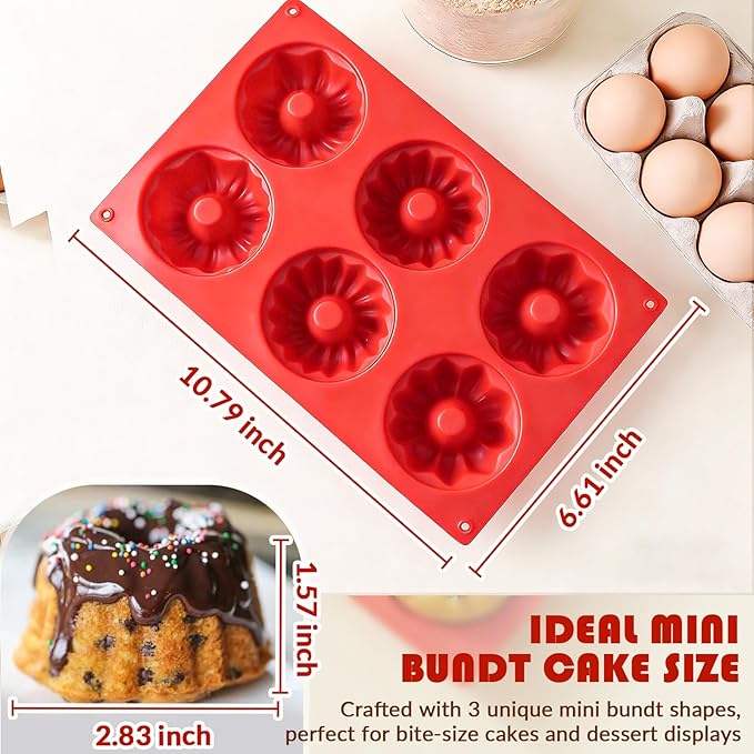 HKMTT Small Silicone Bundt Pan, Mini Fluted Tube Rum Cake Baking Molds, 6 Cavities 2 Pack 3 Shaped BPA Free Oven Safe Food Grade Non Stick Moulds