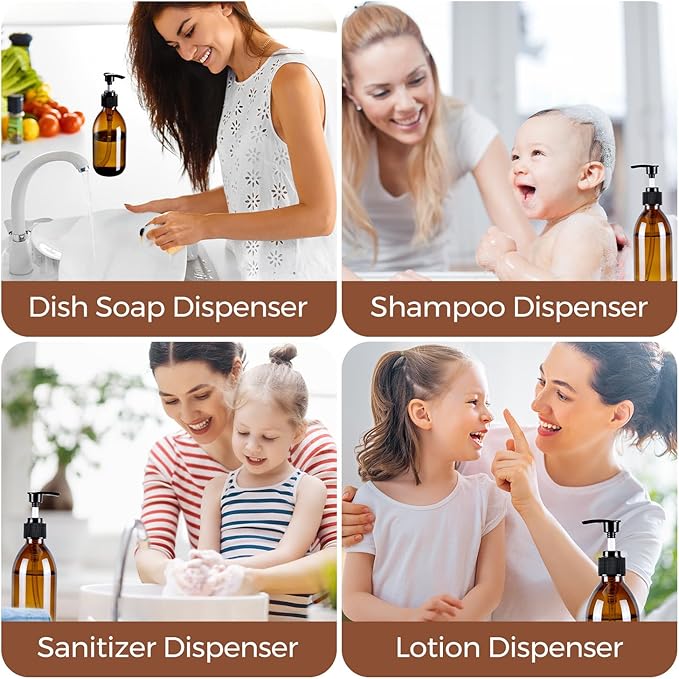 8 oz Amber Glass Pump Bottle, 250ml Glass Soap Dispenser Bottle for Body Lotion Massage Oil, Refillable Empty Hand and Dish Soap Dispensers Set with Labels - 2 Pack