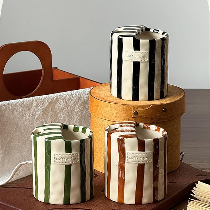 Shelprojsu 10oz Ceramic Coffee Mug,Retro Striped Coffee Cups,with Sip hole Espresso Ceramic Cup,novelty Hand-Painted Striped Travel Mugs-ideal Gift for Coffee Lovers (Brown)