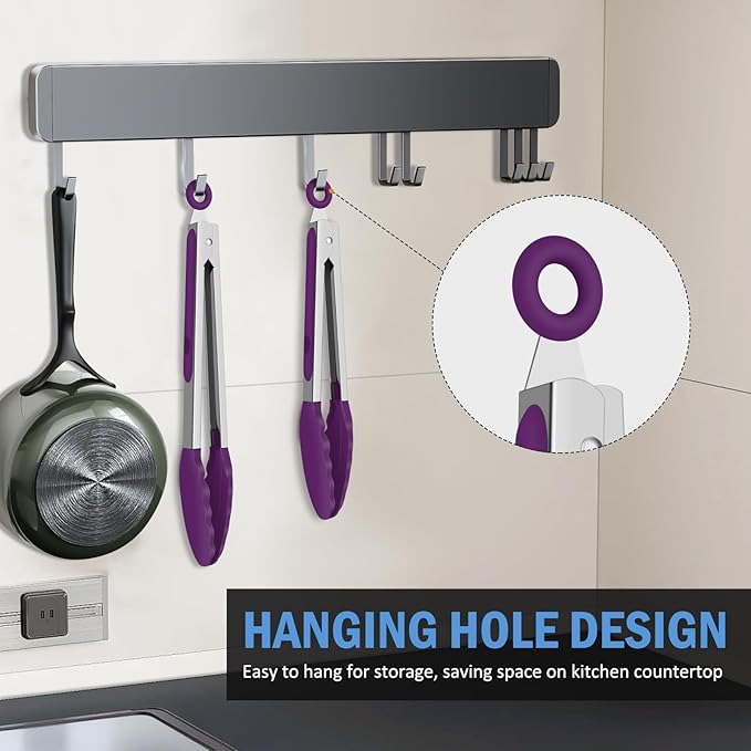 Kitchen Tongs, Stainless Steel Cooking Tongs with Silicone Tips, 600ºF High Heat-Resistant Non Scratch Locking Tongs for Cooking BBQ Grilling Air Fryer Pans, Set of 2 (7" 9" and 12") Purple