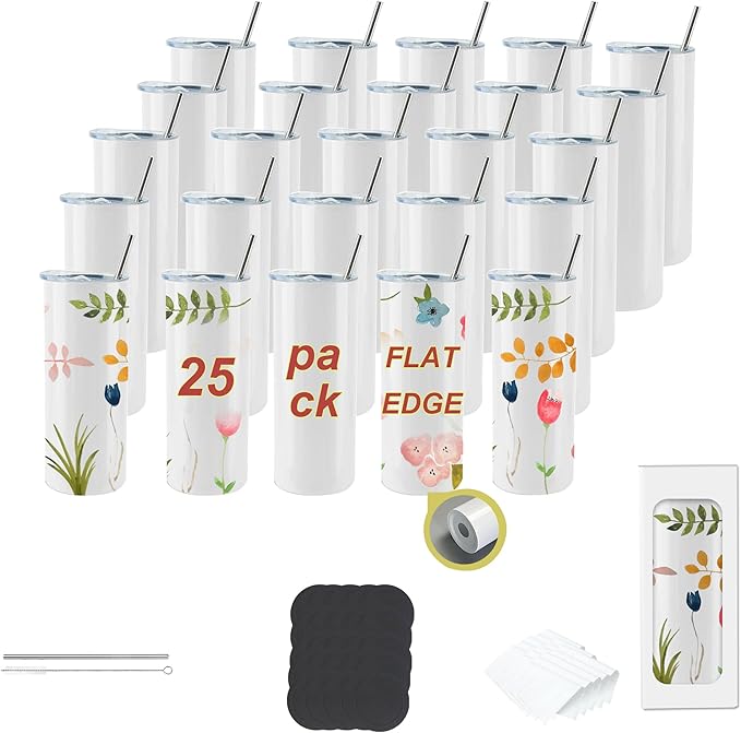 25pack 20oz flat edge sublimation tumblers ，White skinny insulated Sublimation tumbler Straight Cups with Individual Gift Box, Silicone Bottom Polymer Coating for Heat Transfer （25pack 20oz）
