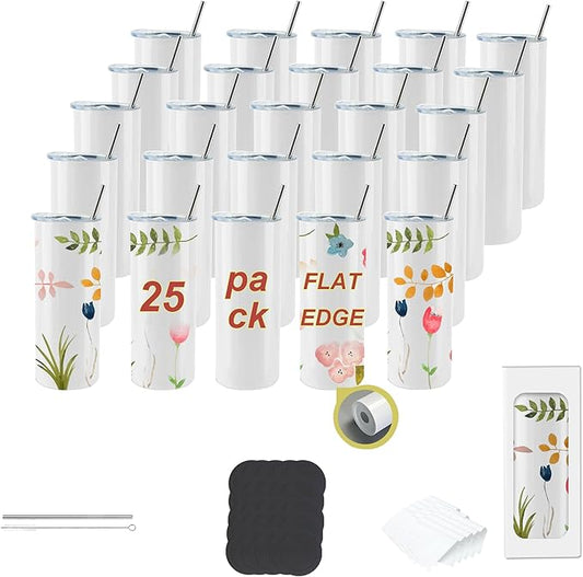 25pack 20oz flat edge sublimation tumblers ，White skinny insulated Sublimation tumbler Straight Cups with Individual Gift Box, Silicone Bottom Polymer Coating for Heat Transfer （25pack 20oz）
