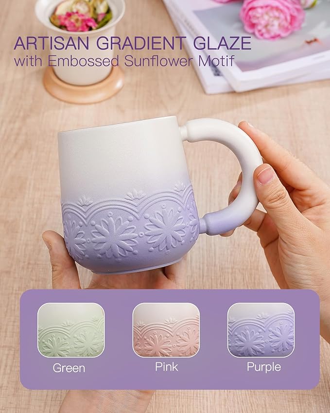 ZENS Tea Mug with Infuser and Lid for Loose Leaf Tea Steeper, 11 oz Embossed Ceramic Tea Cup with Strainers. Wood Lid Tea Diffusers Mugs for Collector's Mug Gifts, Pale Purple