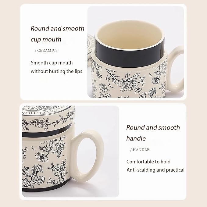 12.9oz Ceramic Coffee Mug with Lid,Flower Patterned Porcelain Mug,Ceramic Tea Cup Coffee Latte Mug for Office and Home,Black,1 Piece