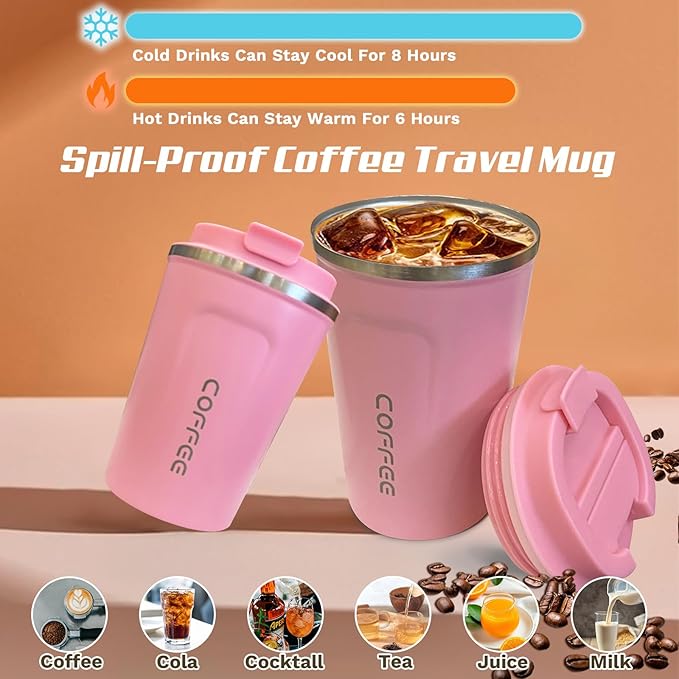 Travel Coffee Mugs Leak-Proof, Reusable Coffee Cups with Lids, Stainless Steel Vacuum Insulated Coffee Tumblers, Thermal Insulation Cups for Men and Women Hot & Cold Drinks(2nd-Pink, 17OZ)