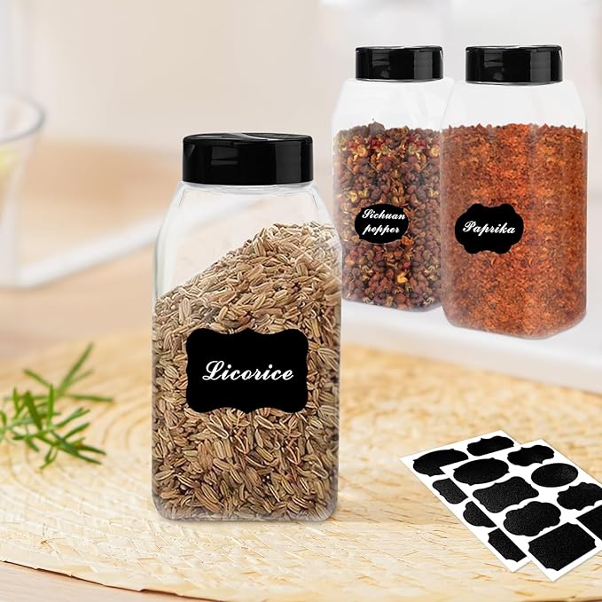 PineHaven 9 Pcs 16 oz Plastic Spice Jars with Black Cap,Square Plastic Bottle Containers with Lid and Stickers,Empty Seasoning Bottles Large Clear Spice Shaker for Storage Spices, Coffee, Tea, Herbs