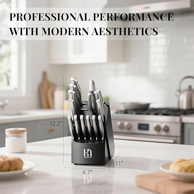 Knife Set Premium, Kitchen Knife Block Set 14 Pcs Japanese High Carbon Stainless Steel Enduring Razor Sharp, Black Chef Knives Set for Kitchen with Built-in Sharpener and Acacia Wood Block