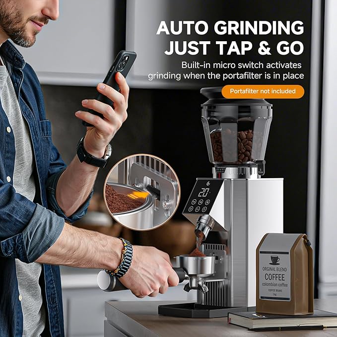 Burr Coffee Grinder with 45 Gind Settings, Anti-Static Conical Burr, Precision Electronic Timer & LED Touchscreen for Espresso/Drip/Cold Brew/French Press, All-Metal Stainless Steel Body, Silver