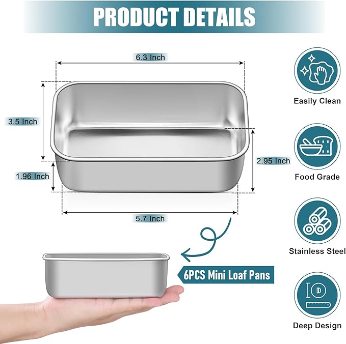 P&P CHEF Mini Loaf Pans Set, 6 PCS Small Bread Loaf Pan for Baking, 6.3 x 3.5 Inch Stainless Steel Baking Pans for Homemade Bread, Meatloaf, Cake and Brownies, Healthy & Non Toxic, Dishwasher Safe