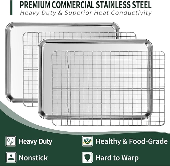 Half Sheet Pans with Rack Set [2 Pans + 2 Racks], CEKEE Stainless Half Size Large Baking Sheets with Rack -18 Inch Baking Tray Set- Rust & Warp Resistant & Heavy Duty Large Cookie Sheet