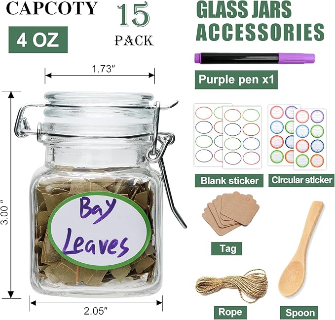 Brajttt Small Glass Jars with Lids,4 oz Spice Jars with Labels,15 Pack Small Glass Containers with Airtight Hinged Lid for Home Kitchen, Arts & Crafts Projects, Spices, Decoration, Snack Foods
