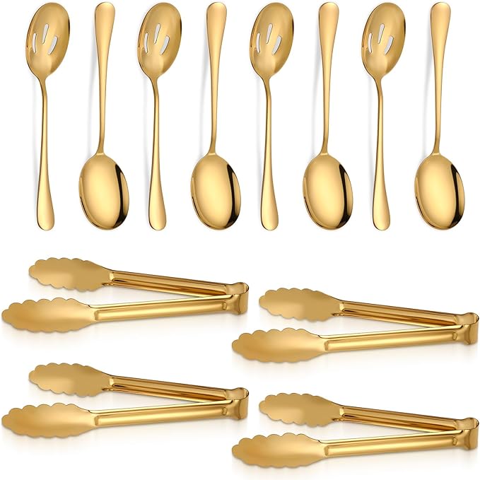 12 PCS Gold Stainless Steel Serving Utensils, Large Serving Spoons Slotted Spoons Servings Tongs Appetizer Tongs Polished Gold Servings Utensils Set for Buffet Catering Banquet Party
