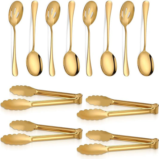 12 PCS Gold Stainless Steel Serving Utensils, Large Serving Spoons Slotted Spoons Servings Tongs Appetizer Tongs Polished Gold Servings Utensils Set for Buffet Catering Banquet Party