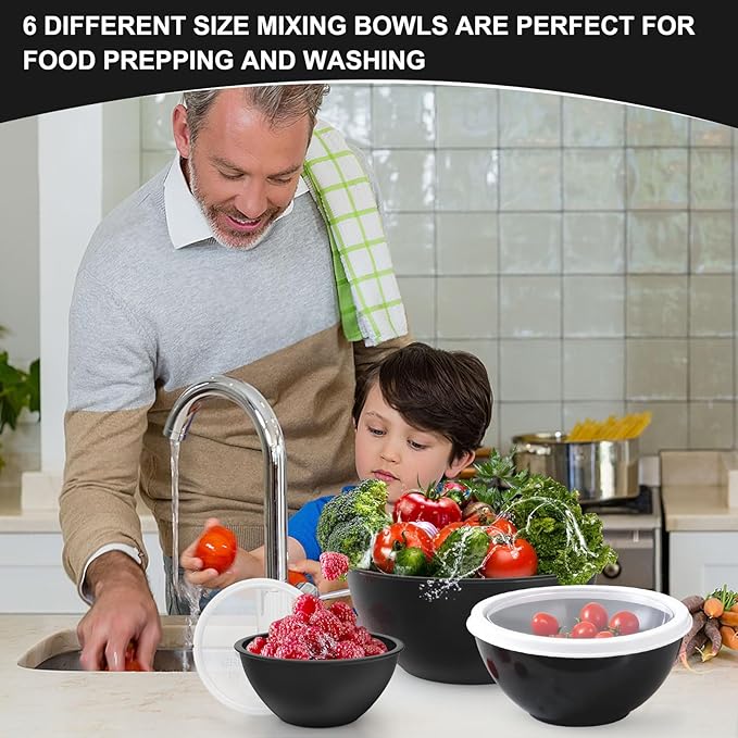 Plastic Mixing Bowls with Lids Set for Kitchen, Nesting Bowls for Mixing, Baking, Prepping, Cooking and Serving Food, Mixing Bowls Dishwasher, Microwave Safe (Black)